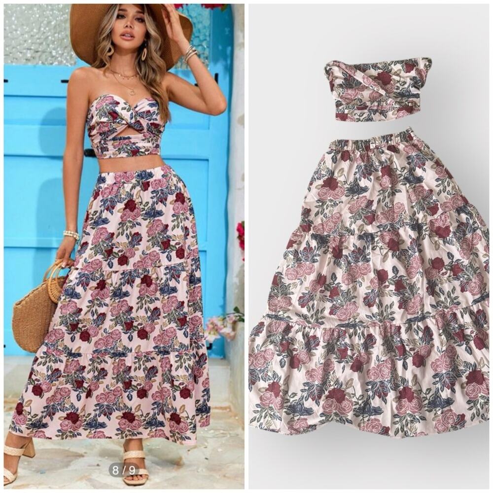 NEW SHEIN VCAY Strapless Floral Print Corset Top & Maxi Taffeta Two Piece